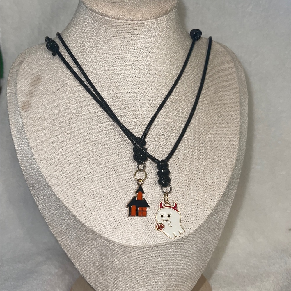 Black Double Necklace with Ghost and House Charms
